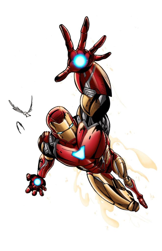 Iron Man flying, hand extended upward.