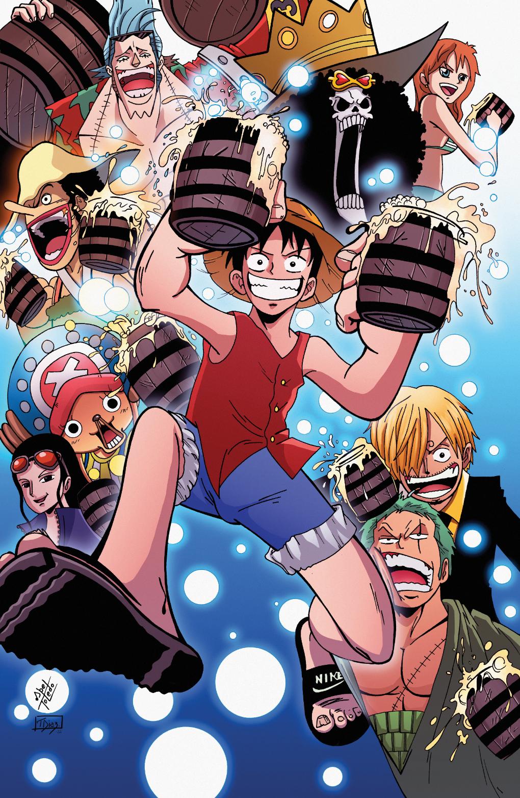 One Piece characters celebrating with drinks